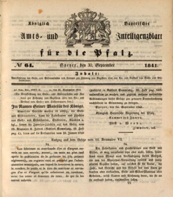 Königlich bayerisches Amts- und Intelligenzblatt für die Pfalz Donnerstag 30. September 1841