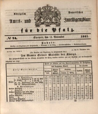 Königlich bayerisches Amts- und Intelligenzblatt für die Pfalz Samstag 13. November 1841