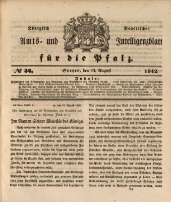 Königlich bayerisches Amts- und Intelligenzblatt für die Pfalz Samstag 13. August 1842