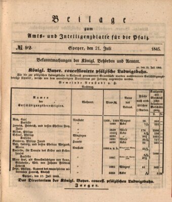 Königlich bayerisches Amts- und Intelligenzblatt für die Pfalz Montag 21. Juli 1845