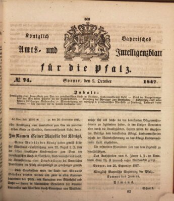 Königlich bayerisches Amts- und Intelligenzblatt für die Pfalz Samstag 2. Oktober 1847