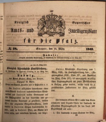 Königlich bayerisches Amts- und Intelligenzblatt für die Pfalz Samstag 18. März 1848