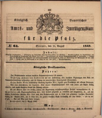 Königlich bayerisches Amts- und Intelligenzblatt für die Pfalz Mittwoch 16. August 1848