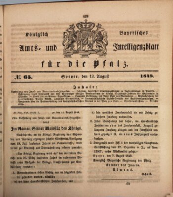 Königlich bayerisches Amts- und Intelligenzblatt für die Pfalz Samstag 19. August 1848