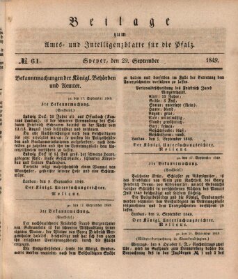 Königlich bayerisches Amts- und Intelligenzblatt für die Pfalz Samstag 29. September 1849