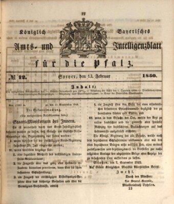 Königlich bayerisches Amts- und Intelligenzblatt für die Pfalz Mittwoch 13. Februar 1850