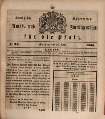 Königlich bayerisches Amts- und Intelligenzblatt für die Pfalz Samstag 20. April 1850