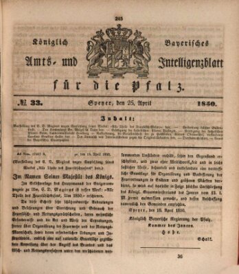 Königlich bayerisches Amts- und Intelligenzblatt für die Pfalz Donnerstag 25. April 1850