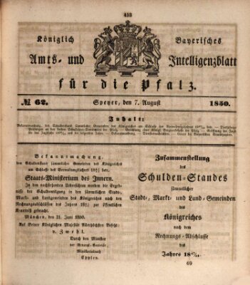 Königlich bayerisches Amts- und Intelligenzblatt für die Pfalz Mittwoch 7. August 1850