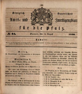 Königlich bayerisches Amts- und Intelligenzblatt für die Pfalz Mittwoch 14. August 1850