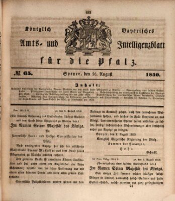 Königlich bayerisches Amts- und Intelligenzblatt für die Pfalz Freitag 16. August 1850