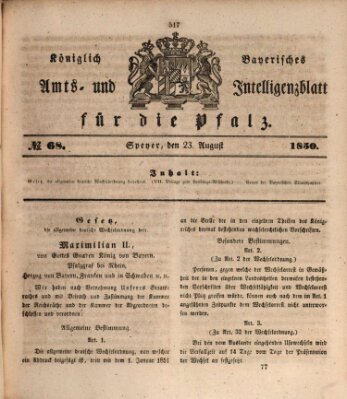 Königlich bayerisches Amts- und Intelligenzblatt für die Pfalz Freitag 23. August 1850