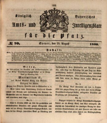 Königlich bayerisches Amts- und Intelligenzblatt für die Pfalz Donnerstag 29. August 1850