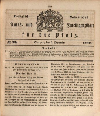 Königlich bayerisches Amts- und Intelligenzblatt für die Pfalz Dienstag 3. September 1850