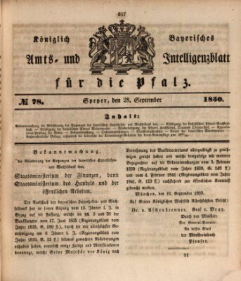 Königlich bayerisches Amts- und Intelligenzblatt für die Pfalz Samstag 28. September 1850