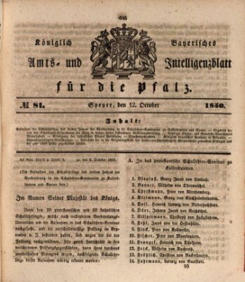 Königlich bayerisches Amts- und Intelligenzblatt für die Pfalz Samstag 12. Oktober 1850