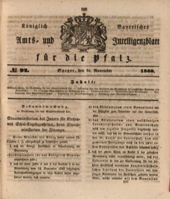 Königlich bayerisches Amts- und Intelligenzblatt für die Pfalz Samstag 16. November 1850