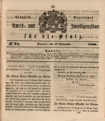 Königlich bayerisches Amts- und Intelligenzblatt für die Pfalz Samstag 23. November 1850