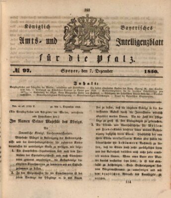 Königlich bayerisches Amts- und Intelligenzblatt für die Pfalz Samstag 7. Dezember 1850