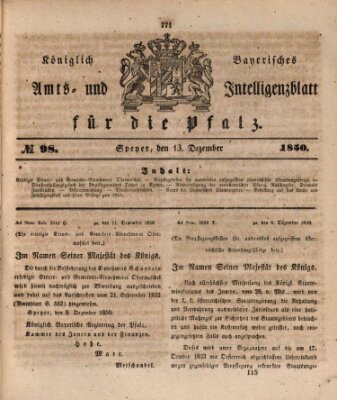 Königlich bayerisches Amts- und Intelligenzblatt für die Pfalz Freitag 13. Dezember 1850