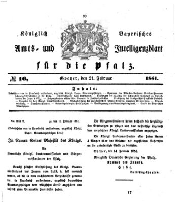 Königlich bayerisches Amts- und Intelligenzblatt für die Pfalz Freitag 21. Februar 1851