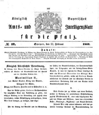 Königlich bayerisches Amts- und Intelligenzblatt für die Pfalz Samstag 22. Februar 1851