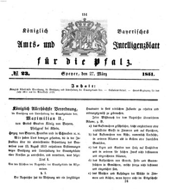 Königlich bayerisches Amts- und Intelligenzblatt für die Pfalz Donnerstag 27. März 1851