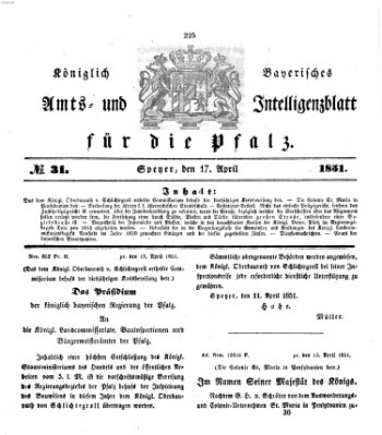 Königlich bayerisches Amts- und Intelligenzblatt für die Pfalz Donnerstag 17. April 1851