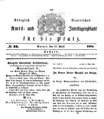 Königlich bayerisches Amts- und Intelligenzblatt für die Pfalz Samstag 19. April 1851