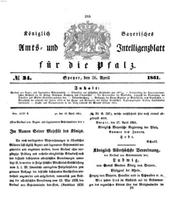 Königlich bayerisches Amts- und Intelligenzblatt für die Pfalz Samstag 26. April 1851