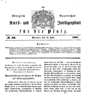 Königlich bayerisches Amts- und Intelligenzblatt für die Pfalz Montag 16. Juni 1851