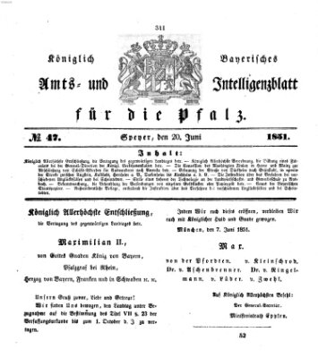 Königlich bayerisches Amts- und Intelligenzblatt für die Pfalz Freitag 20. Juni 1851