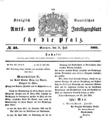 Königlich bayerisches Amts- und Intelligenzblatt für die Pfalz Donnerstag 31. Juli 1851