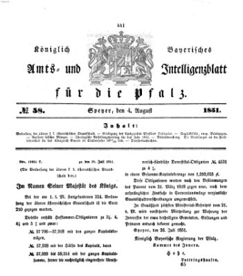 Königlich bayerisches Amts- und Intelligenzblatt für die Pfalz Montag 4. August 1851