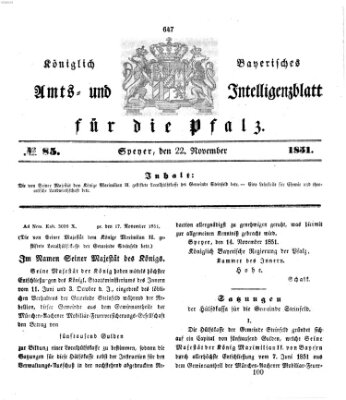 Königlich bayerisches Amts- und Intelligenzblatt für die Pfalz Samstag 22. November 1851