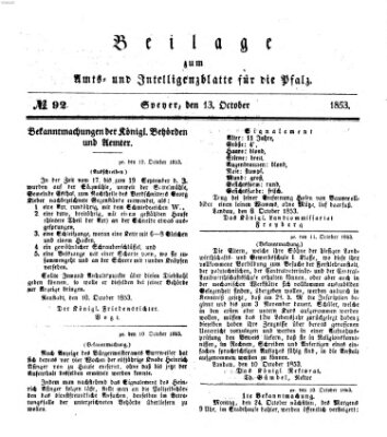 Königlich bayerisches Amts- und Intelligenzblatt für die Pfalz Donnerstag 13. Oktober 1853