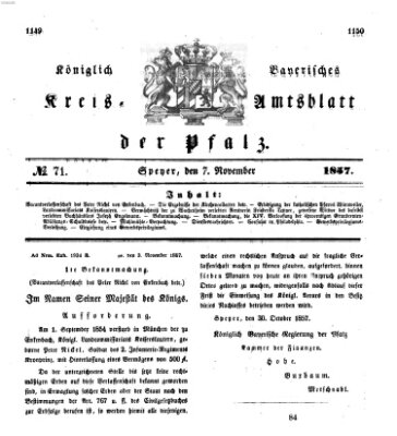 Königlich-bayerisches Kreis-Amtsblatt der Pfalz (Königlich bayerisches Amts- und Intelligenzblatt für die Pfalz) Samstag 7. November 1857