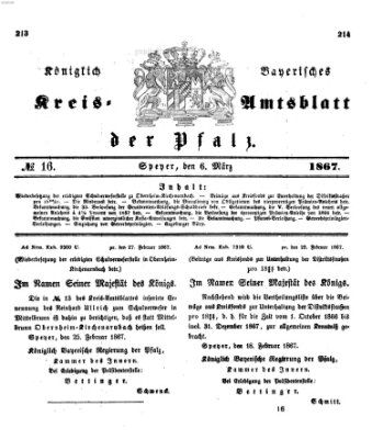 Königlich-bayerisches Kreis-Amtsblatt der Pfalz (Königlich bayerisches Amts- und Intelligenzblatt für die Pfalz) Mittwoch 6. März 1867