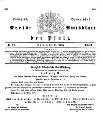 Königlich-bayerisches Kreis-Amtsblatt der Pfalz (Königlich bayerisches Amts- und Intelligenzblatt für die Pfalz) Montag 11. März 1867