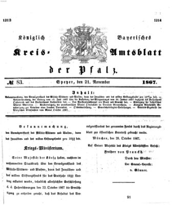 Königlich-bayerisches Kreis-Amtsblatt der Pfalz (Königlich bayerisches Amts- und Intelligenzblatt für die Pfalz) Donnerstag 21. November 1867