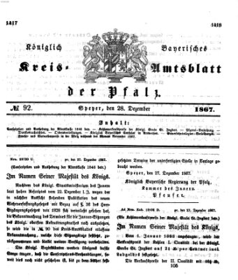 Königlich-bayerisches Kreis-Amtsblatt der Pfalz (Königlich bayerisches Amts- und Intelligenzblatt für die Pfalz) Samstag 28. Dezember 1867