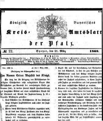 Königlich-bayerisches Kreis-Amtsblatt der Pfalz (Königlich bayerisches Amts- und Intelligenzblatt für die Pfalz) Samstag 21. März 1868