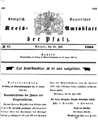 Königlich-bayerisches Kreis-Amtsblatt der Pfalz (Königlich bayerisches Amts- und Intelligenzblatt für die Pfalz) Samstag 18. Juli 1868