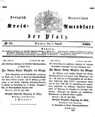 Königlich-bayerisches Kreis-Amtsblatt der Pfalz (Königlich bayerisches Amts- und Intelligenzblatt für die Pfalz) Samstag 1. August 1868