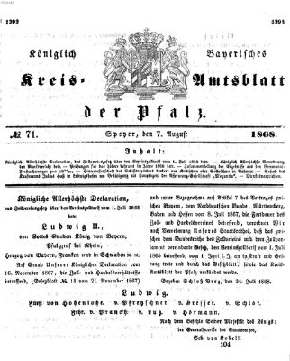 Königlich-bayerisches Kreis-Amtsblatt der Pfalz (Königlich bayerisches Amts- und Intelligenzblatt für die Pfalz) Freitag 7. August 1868