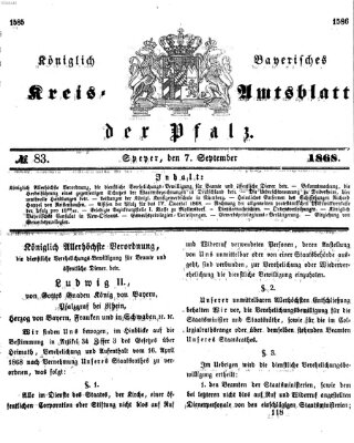 Königlich-bayerisches Kreis-Amtsblatt der Pfalz (Königlich bayerisches Amts- und Intelligenzblatt für die Pfalz) Montag 7. September 1868