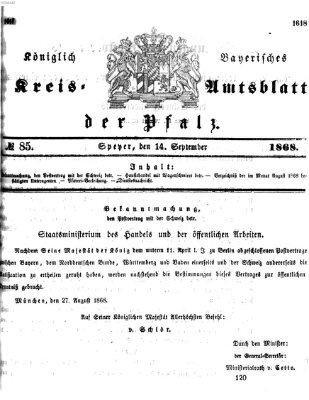 Königlich-bayerisches Kreis-Amtsblatt der Pfalz (Königlich bayerisches Amts- und Intelligenzblatt für die Pfalz) Montag 14. September 1868