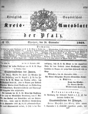 Königlich-bayerisches Kreis-Amtsblatt der Pfalz (Königlich bayerisches Amts- und Intelligenzblatt für die Pfalz) Samstag 26. September 1868