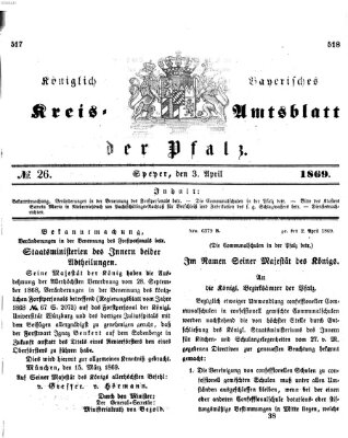 Königlich-bayerisches Kreis-Amtsblatt der Pfalz (Königlich bayerisches Amts- und Intelligenzblatt für die Pfalz) Samstag 3. April 1869