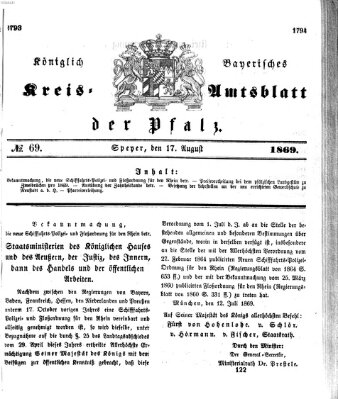 Königlich-bayerisches Kreis-Amtsblatt der Pfalz (Königlich bayerisches Amts- und Intelligenzblatt für die Pfalz) Dienstag 17. August 1869